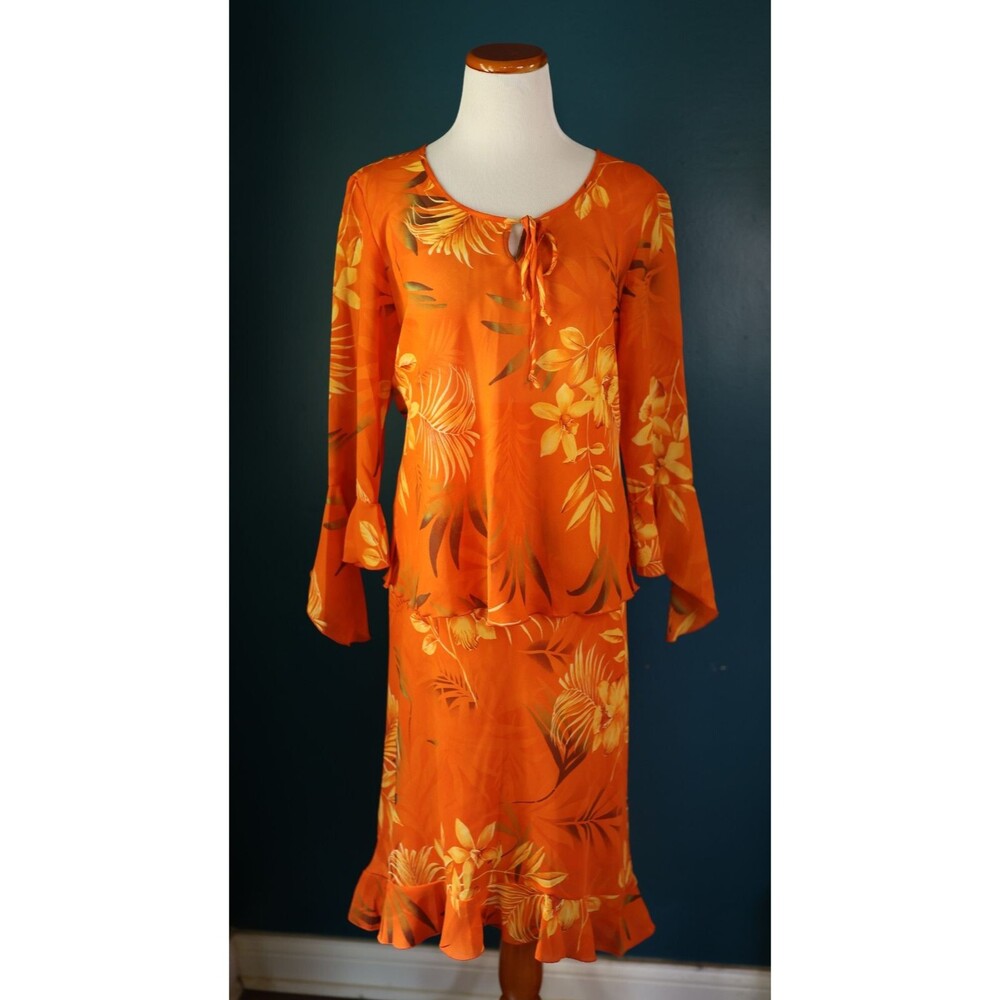 Vintage Versailles 2 Piece Floral Tropical Skirt Sheer Bell Sleeve Shirt Orange